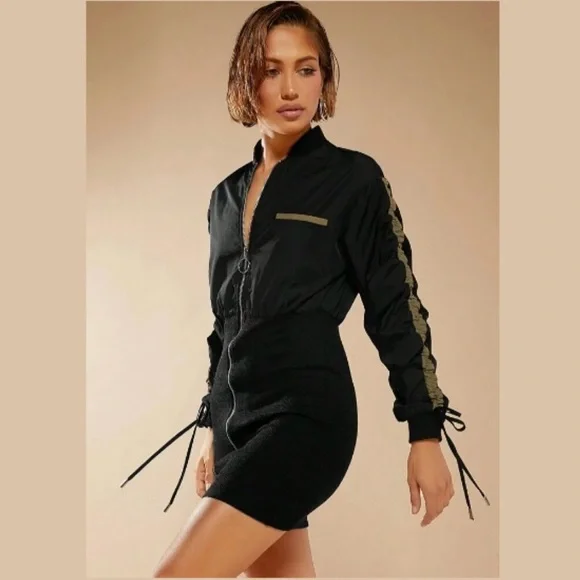 GRUNGE BLACK ZIP UP BOMBER DRESS - Picture 3 of 5